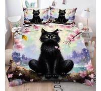 Gumntun Copripiumino Matrimoniale 260x240 cm Gatto Nero Ragazza Fiori Di Pesco, Lavabile in Lavatrice Completo Letto, Microfibra Biancheria da Letto per Tutte Le Stagioni, 2 x Federe 50x80 cm_24758a