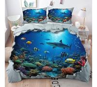 Gumntun Copripiumino Matrimoniale 260x240 cm Mondo Sottomarino Blu, Lavabile in Lavatrice Set Di Biancheria Da Letto, 3D Copripiumino Decorazioni per interni con 2 Federe 50x80 cm