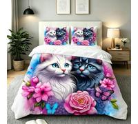 Gumntun Copripiumino Una Piazza e Mezza 200 x 200 cm Fiore Gatto-B206 | Ideale Come Regalo per Un Amico,Stampa Digitale Biancheria da Letto,Copripiumone con e Cravatte, 2 Federe 50x80 cm