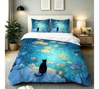 Gumntun Copripiumino Una Piazza e Mezza 200 x 200 cm Gatto Blu-B378 | Ideale Come Regalo per Un Amico,Stampa Digitale Biancheria da Letto,Copripiumone con e Cravatte, 2 Federe 50x80 cm
