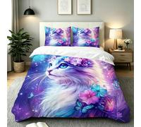 Gumntun Copripiumino Una Piazza e Mezza 200 x 200 cm Gatto Viola-B41 | Ideale Come Regalo per Un Amico,Stampa Digitale Biancheria da Letto,Copripiumone con e Cravatte, 2 Federe 50x80 cm