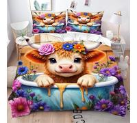 Gumntun Set di Biancheria da Letto Singolo Mucca Gialla Cartone Animato, Copripiumino Stampa 3D In Microfibra con Chiusura, 3 Pezzi Facile da Pulire Copripiumone 135 x 200 cm_22384a