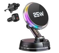 GuMosh Qi2.2 - Caricatore da auto MagSafe da 25 W, ventola di raffreddamento del telefono e luce RGB, caricabatterie wireless da auto con aspirazione a vuoto da 78+LBS, supporto magnetico girevole a