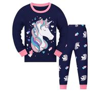 Gumyoss Pigiama per Bambine Unicorno Set Pigiama per Bambini Cotone Maniche Lunghe Inverno Blu Navy Unicorno 2 Pezzi 3 Anni