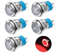 GUNGY Interruttore a Pulsante Autobloccante 19mm Pulsante 12V-24V 3A Impermeabile Interruttori a Pulsante in Ottone Cromato con Luce LED ad Anello Rosso 5 pezzi