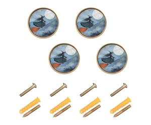 GuoChe 4 pomelli rotondi per armadietti, motivo: una strega sta volando sulla sua scopa attraverso il cielo illuminato di luna, pomelli per cassetti della cucina, cucina, 3,2 cm