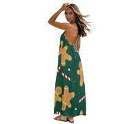 GuoChe Abito da donna con schiena bassa e fluido, abito lungo da casa per la spiaggia, Gingerbread Men & Candy Canes su verde, 4XL