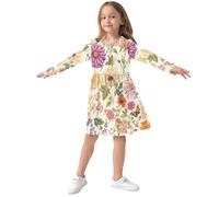 GuoChe Abito da ragazza a maniche lunghe, morbido e carino, per l'autunno, per la scuola, casual, per tutti i giorni, per 3-11 anni, Fiori Vintage Rustico Beige, 4 anni