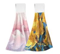 GuoChe Asciugamani da cucina con asola, confezione da 2 asciugamani da bagno da appendere, arrossire, scena lago, cigni, fiori gialli, opera d'arte