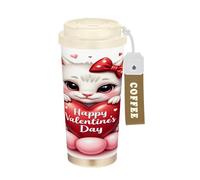GuoChe Bicchiere da caffè da viaggio per donne con simpatico gattino e cuore, per San Valentino, tazza da viaggio per donne, con coperchio, in acciaio inox, tazze termiche per bevande calde e fredde