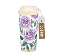 GuoChe Bicchieri da caffè da viaggio con motivo floreale e rosa viola, da donna, con coperchio, in acciaio inox, termici, per bevande calde e fredde, 500 ml