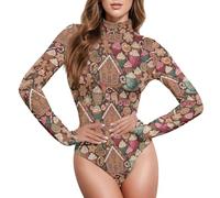 GuoChe Body a collo alto da donna, top sexy a maniche lunghe che abbraccia il corpo, S, Gingerbread House & Treats - Motivo natalizio, Small