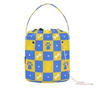 GuoChe Borsa a scacchiera blu gialla con impronte di zampe, borsa per filato all'uncinetto, piccola conservazione per filati con fori per riporre gli aghi per viaggi all'uncinetto da viaggio
