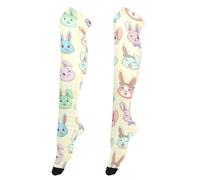 GuoChe Calze lunghe da donna a gamba alta, anti-gancio, calze lunghe per fashioniste, scaldamuscoli per eventi formali, motivo colorato con volti da coniglietto