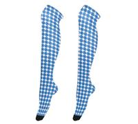 GuoChe Calze sopra il ginocchio da donna, leggere, alte fino alla coscia, extra lunghe, per ballerine, calze natalizie per appuntamenti, a quadri blu