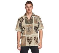 GuoChe Camicie hawaiane con bottoni a maniche corte con stampa leopardata e toppa a cuore da, Toppa a forma di cuore leopardata, L