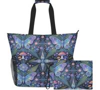 GuoChe Grande borsa da spiaggia interna con cerniera e tasche antiscivolo | Boho Luna Insetto Alato e Fungo