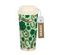 GuoChe Green Clover - Bicchieri da viaggio per caffè a ferro di cavallo, da donna, con coperchio, in acciaio inox, termici, per caldo e freddo, 500 ml