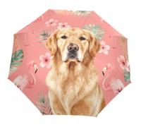 GuoChe Ombrello automatico One Touch pulsante di apertura e chiusura automatica ombrello da viaggio compatto per donne uomini bambino Golden Retriever fenicottero fard verde floreale fiori modello