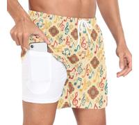 GuoChe Pantaloncini da spiaggia da uomo a 2 strati per allenamento e corsa, con fodera a compressione e tasche, pantaloncini da spiaggia leggeri, Segni Musicali Boho, Small