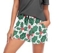 GuoChe Pantaloni da notte da donna con tasche, elastico in vita, comodi pantaloncini da allenamento da salotto S, Frutti Rossi di Natale, XXL