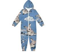 GuoChe Pigiama unisex per bambini, 1 pezzo, in peluche, con cerniera, con cappuccio, abbigliamento per la casa, 5-14T, coniglio in blu e bianco, Colorato, 12-13 Anni