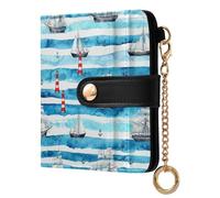 GuoChe Portafoglio pieghevole piccolo da donna con motivo di nave e faro dell'oceano carino premium PU portafoglio in pelle per donna ragazza