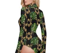 GuoChe Sfondo nero catena oro e Monstera Leaf Pattern manica lunga Body Top per le donne collo alto, Sfondo Nero Catena Oro e Monstera Leaf Pattern, X-Large