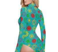 GuoChe Sfondo turchese colorato modello fuochi d'artificio manica lunga canotta body per le donne dolcevita tuta, Motivo di fuochi d'artificio colorati sfondo, Medium