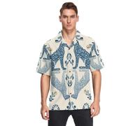 GuoChe Simmetrico Blu Leopard Floral Tile Pattern Hawaiian Manica Corta Button Down Camicia Activewear, Simmetrico Blue Leopard Floral Tile Pattern, XL