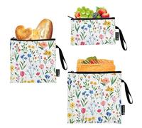 GuoChe Spring Cute Colorful Florals White 3-Pack riutilizzabile Sandwich Borse impermeabili Ragazzi Lunch Bag per il lavoro picnic o viaggio