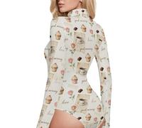 GuoChe Stile vintage tazza di caffè Cupcake Rose modello manica lunga Body suit per le donne Mock Dolcevita, Tazza da caffè in stile vintage con motivo cupcake e rosa, Small