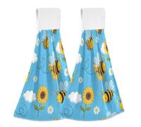 GuoChe Sunny - Asciugamani da cucina con motivo ape e fiore, con passante per legare la parte superiore, confezione da 2 asciugamani da bagno