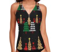 GuoChe Tankini da donna, costume da bagno con controllo della pancia da spiaggia, taglia XS, Merry Christmas Trees With Buffalo Plaid & Leopard, XL