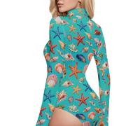 GuoChe Turchese conchiglie e stelle marine modello manica lunga Body Top per le donne elegante collo alto, Motivo turchese con conchiglie marine e stelle marine, Large