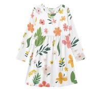 GuoChe Vestito a maniche lunghe per bambine e bambine, comodo, abbigliamento da gioco per tutti i giorni casual per 3-11 anni, Primavera Carino Fiori Colorati Bianco, 5-6 Anni