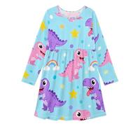 GuoChe Vestito da bambina a maniche lunghe, per l'inverno e l'autunno, abbigliamento da gioco per la scuola casual per le vacanze per 3-11 anni, Motivo con dinosauri e arcobaleni pastello, 9-10 Anni