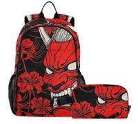 GuoChe Zaino per la scuola con borsa per il pranzo per bambini Bookbag Laptop Daypack | Maschera Oni e Giglio Web Rosso