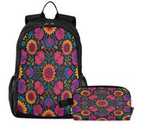 GuoChe Zaino per la scuola con borsa per il pranzo per bambini Bookbag Laptop Daypack | Modello di ricamo floreale arte popolare messicana Heritage Otomi