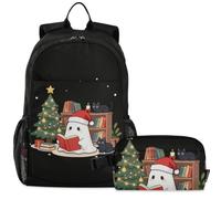 GuoChe Zaino per la scuola con borsa per il pranzo per bambini Bookbag Laptop Daypack | Retro Spooky Shape Lettura Libri Natale Bibliotecario