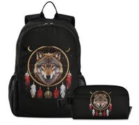 GuoChe Zaino per la scuola con borsa per il pranzo per bambini Bookbag Laptop Daypack | Tattoo Art Piuma Lupo Native Us