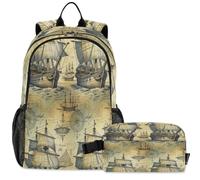 GuoChe Zaino per la scuola con borsa per il pranzo per bambini Bookbag Laptop Daypack | Vecchia mappa nautica vintage nave pirata barca a vela mare oceano mappa