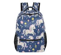 GuoChe Zaino robusto e leggero da donna, con nastro di ciliegia, per libri e arte della frutta, Unicorni Magici Floreale Navy, S