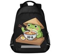 GuoChe Zaino scolastico per libri per laptop per bambini | Con Striscia Riflettente 43,2 cm Rana Mangiare Ramen Kawaii Neko Tagliatelle Giapponesi Anime Lovers