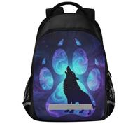 GuoChe Zaino scolastico per libri per laptop per bambini | con striscia riflettente 43,2 cm zampe di lupo galassia lupi selvaggi solitari stelle luna lupo