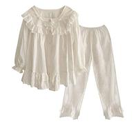 GUOCU Donne Stile Principessa Dolce Carino Abito da Pigiama 2 Pezzi Indumenti da Notte Manica Lunga Bottone Giù Top e Pantaloni Pigiameria Pjs Nightwear con Pizzo Increspato e Fiocco Bianca L