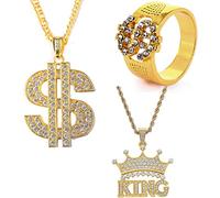 Guoguonb Hip Hop - Collana e anelli in lega di stile punk, con ciondolo a forma di dollaro e king, placcata in oro, per cantanti rap, feste di carnevale, feste