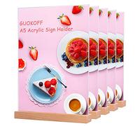 GUOKOFF A5 Porta Menu da Tavolo (5 Pezzi), Acrilico Portamenu A forma di T, Verticale Espositore da Tavolo, Portamenù Porta Avvisi da Tavolo, Portabase in Legno per Ristorante Negozio Bar Azienda