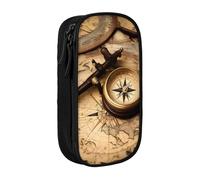 GUOLGP Astuccio funzionale con stampa di bussola e vecchia mappa del mondo, multi-scomparto, materiale scolastico, facile accesso, Nero , Taglia unica, Con tasca per il