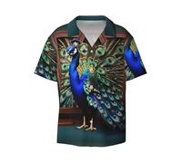 GUOLGP Bella Stampa Immagine Pavone Camicie Da Uomo Traspirante Colletto Cuban Camicia Manica Corta Elegante Estate Casual Wear, Nero , XXL